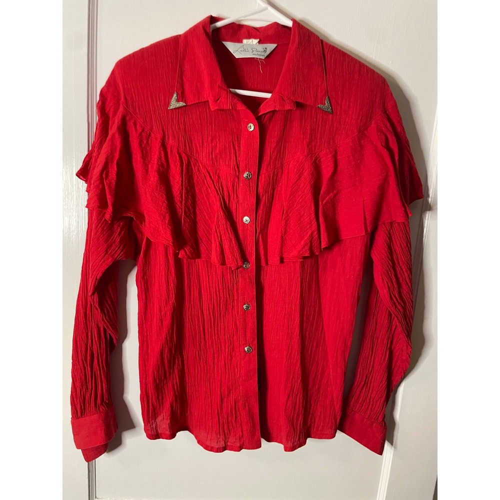 Lilia Smith Exclusive Western Attitude Red Textured Ruffle‎ Button Up Shirt Top